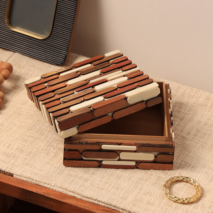 Reclaimed Wood And Ivory Bone Inlaid Box Size:6.5 X 6.5 X 3 Lid Cut:1.375"