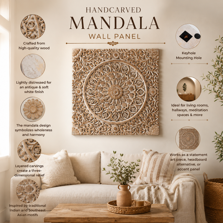 Wooden Floral Hand Carved Mandala Square Wall Decor-48X48"