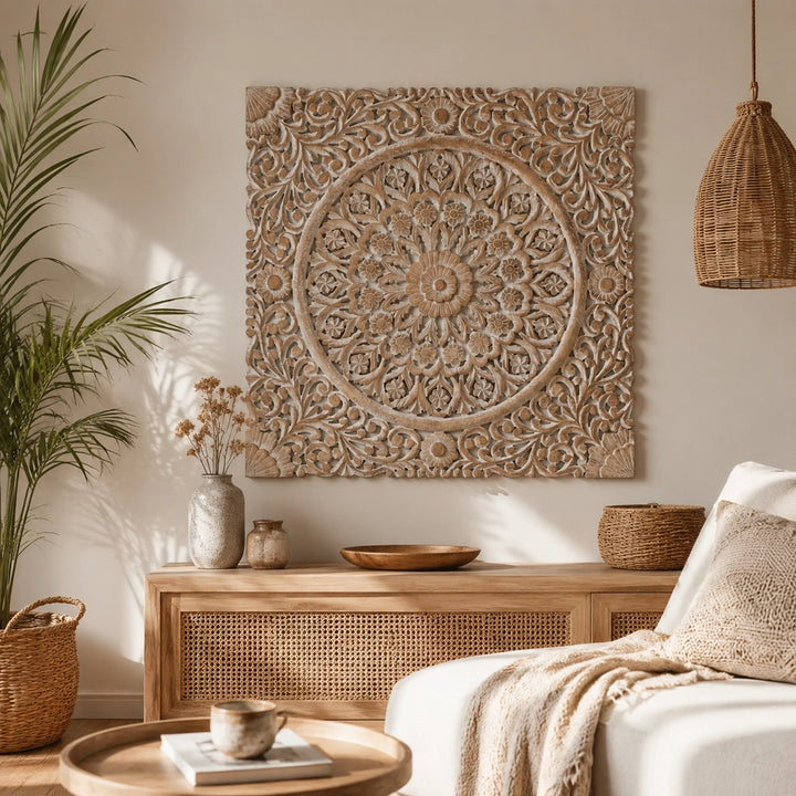 Wooden Floral Hand Carved Mandala Square Wall Decor-48X48"