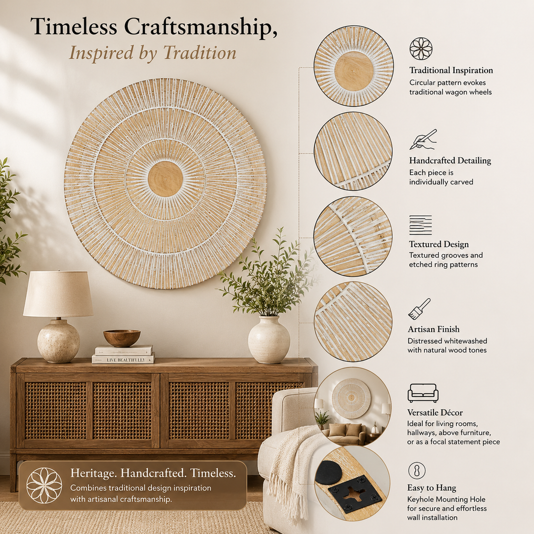 Wooden Wall Decor | Hand Carved Round Wall Accent | 36" Handmade Solid Wood Wall Art | Living Room, Bedroom & Entryway