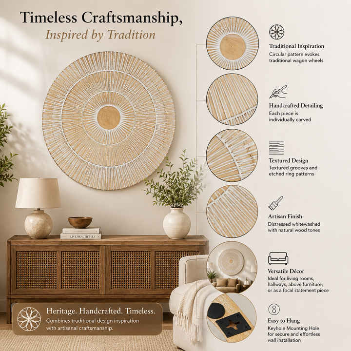 Wooden Wall Decor | Hand Carved Round Wall Accent | 36" Handmade Solid Wood Wall Art | Living Room, Bedroom & Entryway