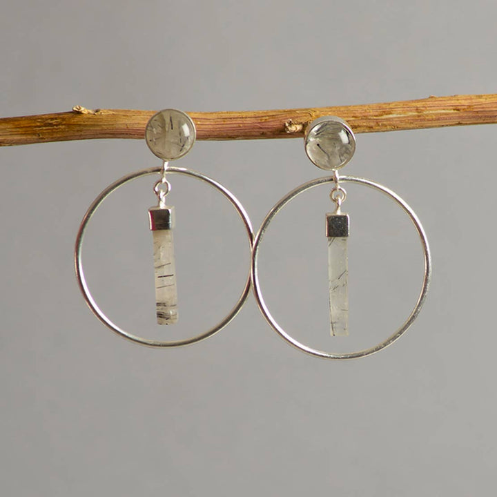 Pendulum Round Dangle Earrings / Silver White & Black - Brass & Semi Precious Stone / 2 X 1.5 Inches (L X W) / Moq - 4 Pairs