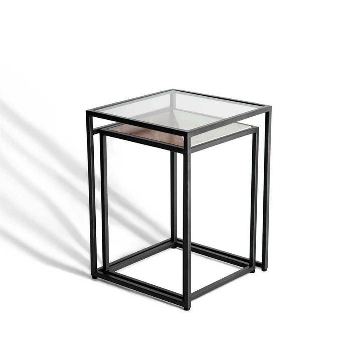 Nesting Table with Glass Top & Metal Legs, Small one is Wood