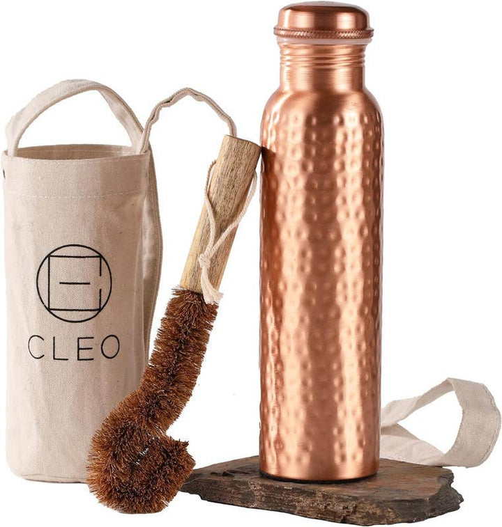 Cleo Home Pure Hammered Copper Bottle With Bag & Coir Brush