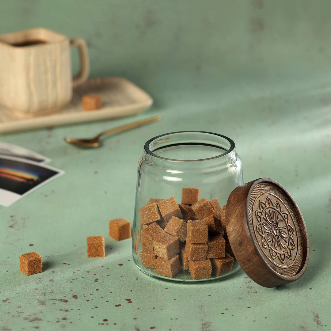 Clear Glass Jar With Wooden Cladding Lid Small/ Transparent / 4 X 4 X 4.75 Inches (L X W X H) / Moq - 4 Pcs