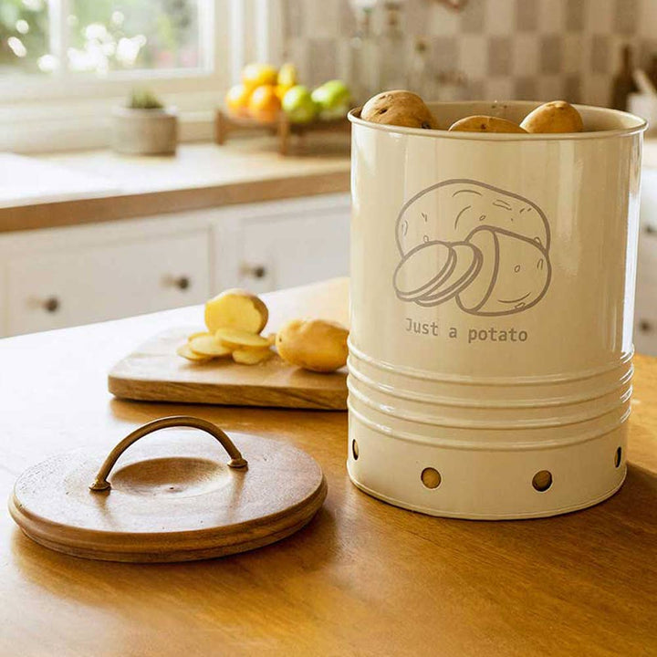 Egg Shell Metal Potato Storage Bin With Wooden Lid / White - Metal / (Capacity 8.81 Lbs) / Moq - 2 Pcs