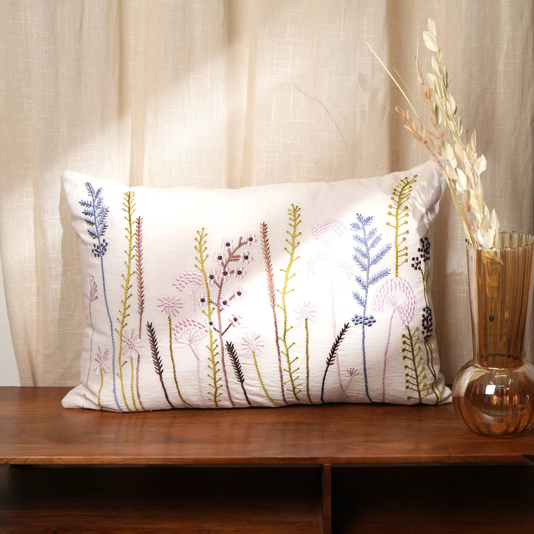 Floral Elegance Embroidered Cushion 16" x 24" – A Timeless Accent with Artistic Flair