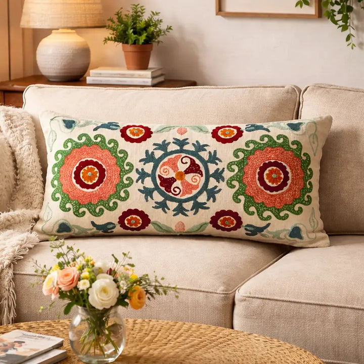 Suzani Embroidered Multicolor Lumbar Throw Pillow - 26" X 14"
