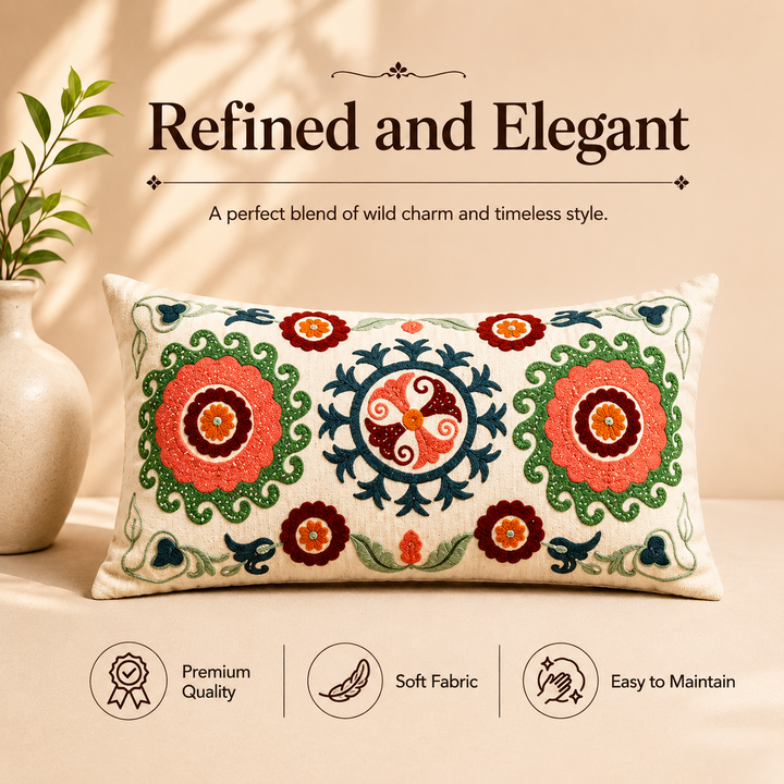 Suzani Embroidered Multicolor Lumbar Throw Pillow - 26" X 14"