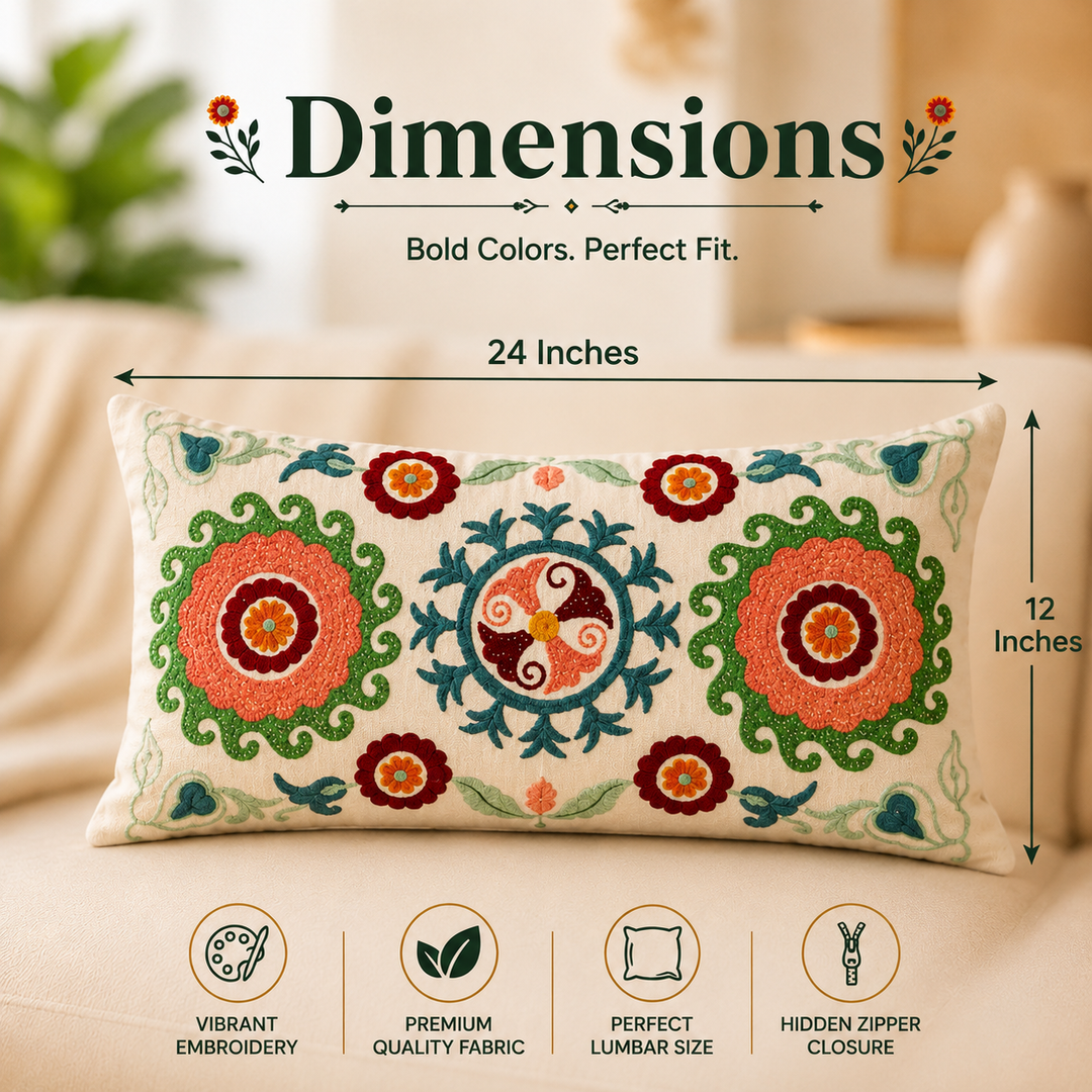 Suzani Embroidered Multicolor Lumbar Throw Pillow - 26" X 14"