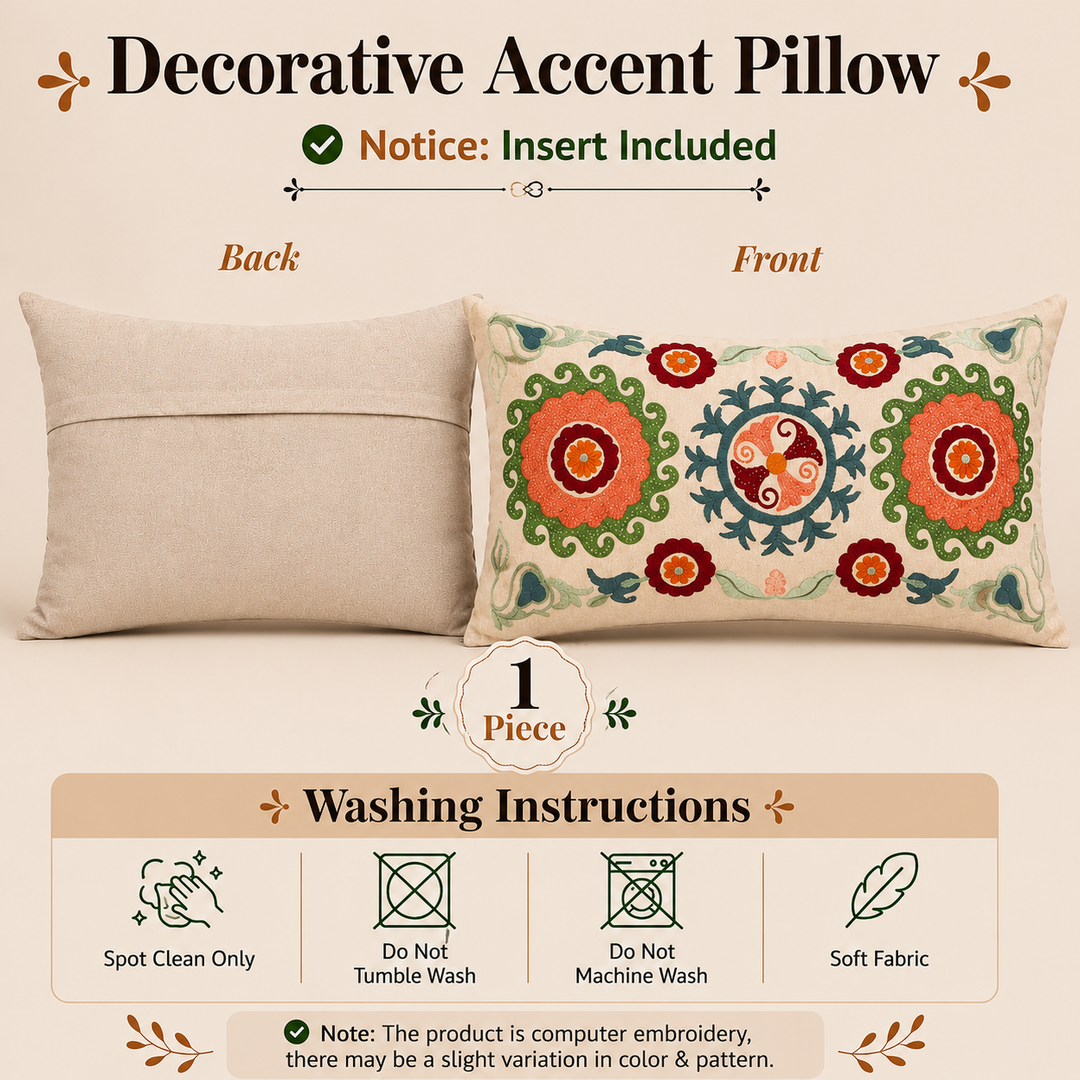 Suzani Embroidered Multicolor Lumbar Throw Pillow - 26" X 14"