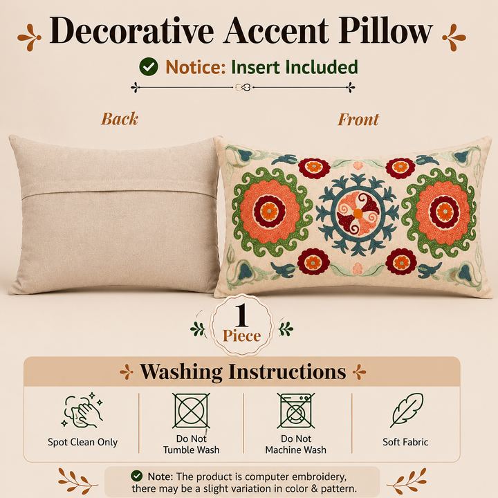 Suzani Embroidered Multicolor Lumbar Throw Pillow - 26" X 14"
