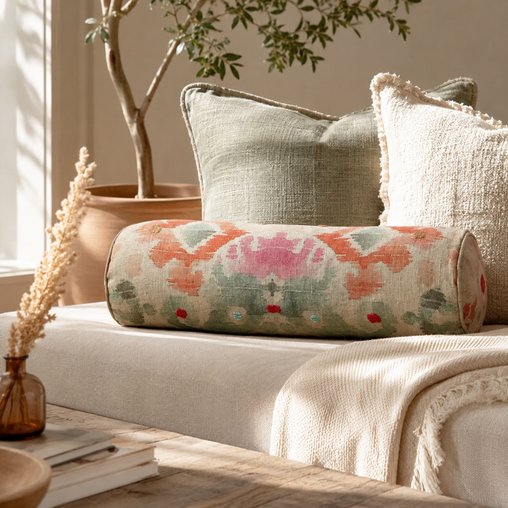 Decorative Cotton Printed & Embroidered Bolster Pillow- 27" X 7"