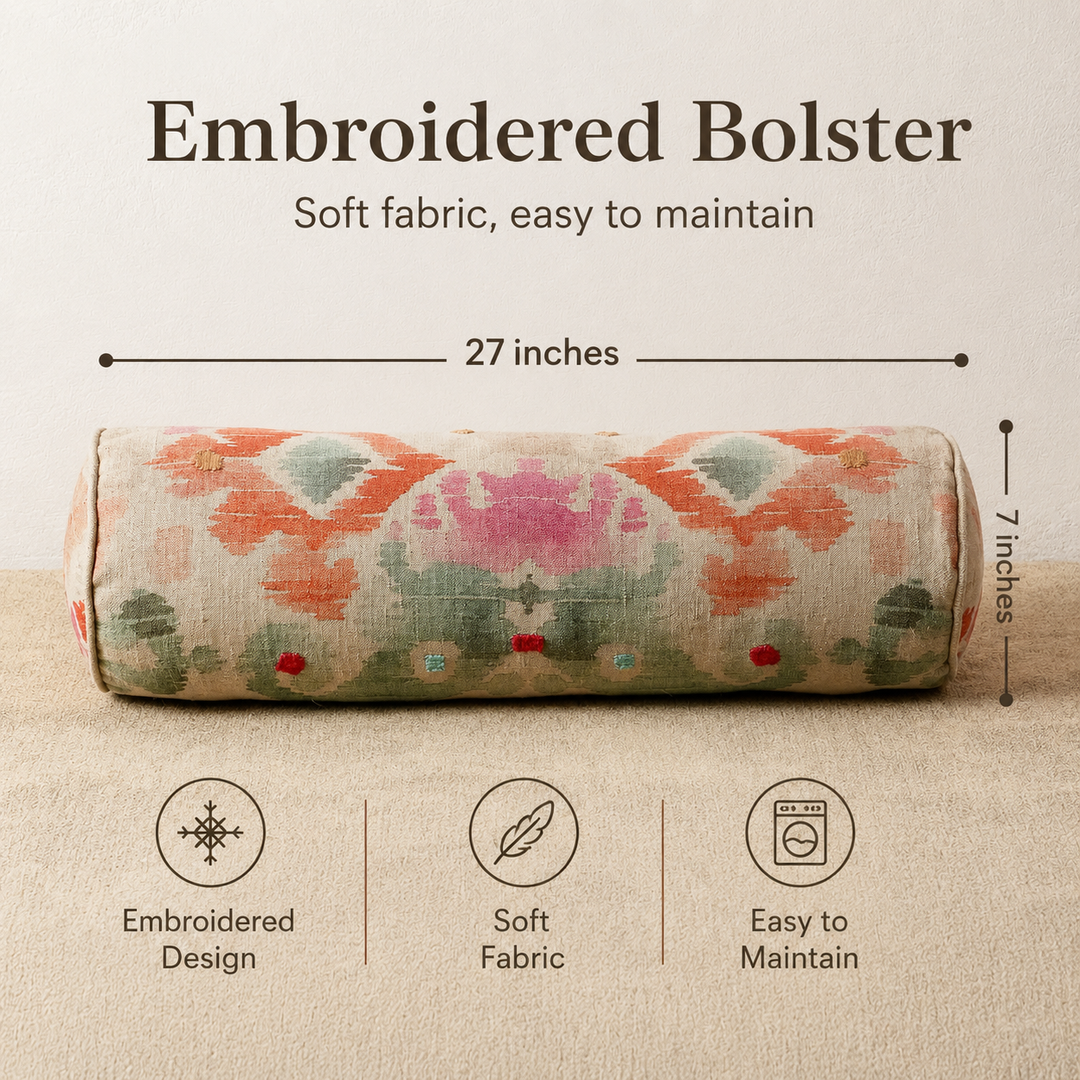Decorative Cotton Printed & Embroidered Bolster Pillow- 27" X 7"