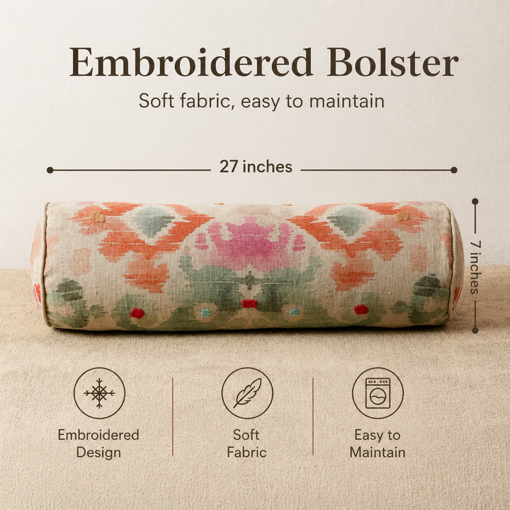 Decorative Cotton Printed & Embroidered Bolster Pillow- 27" X 7"