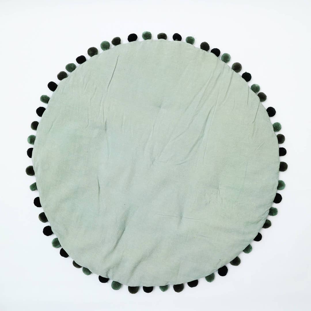 Round Cotton Play Mat with Pom Pom | Soft Velvet Baby Nursery Floor Mat