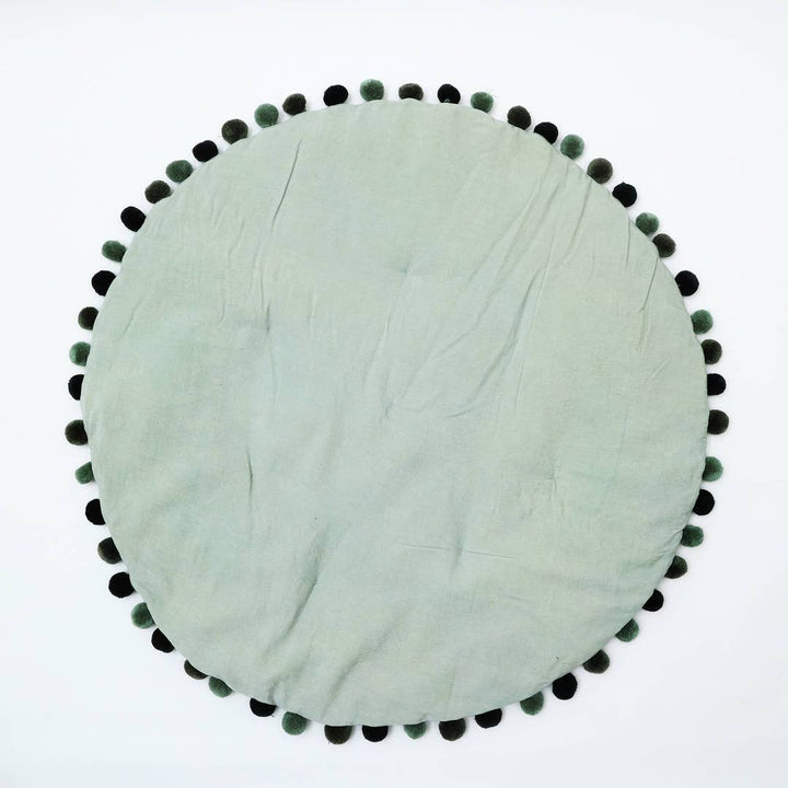 Round Cotton Play Mat with Pom Pom | Soft Velvet Baby Nursery Floor Mat