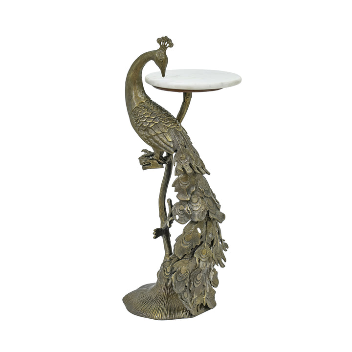 Brass Antique Side Table with Marble Top | Peacock Sculpture Table