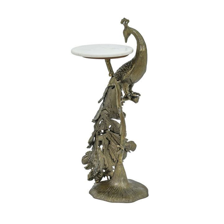 Brass Antique Side Table with Marble Top | Peacock Sculpture Table
