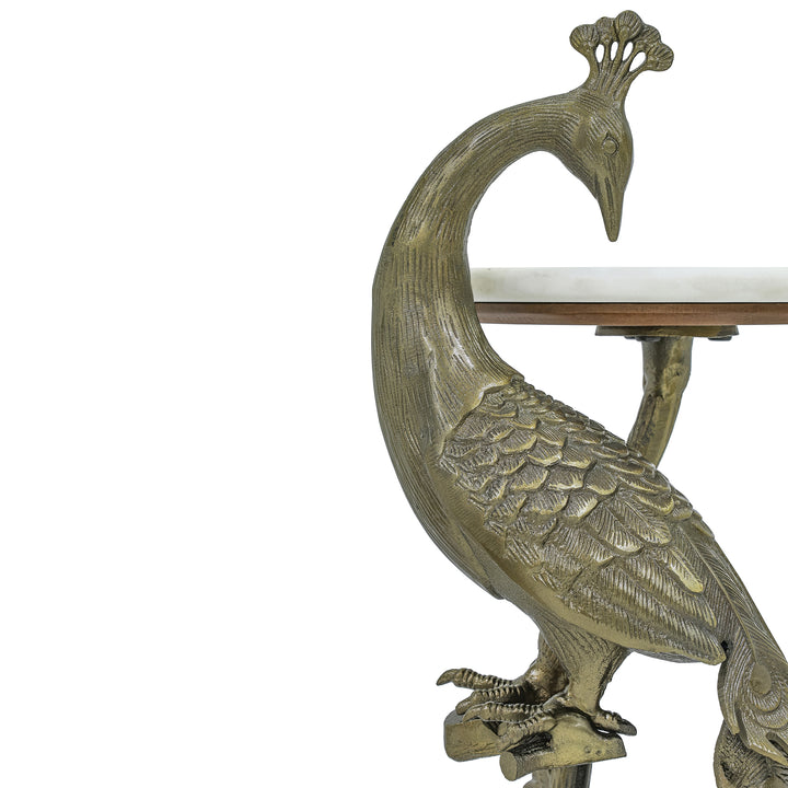 Brass Antique Side Table with Marble Top | Peacock Sculpture Table