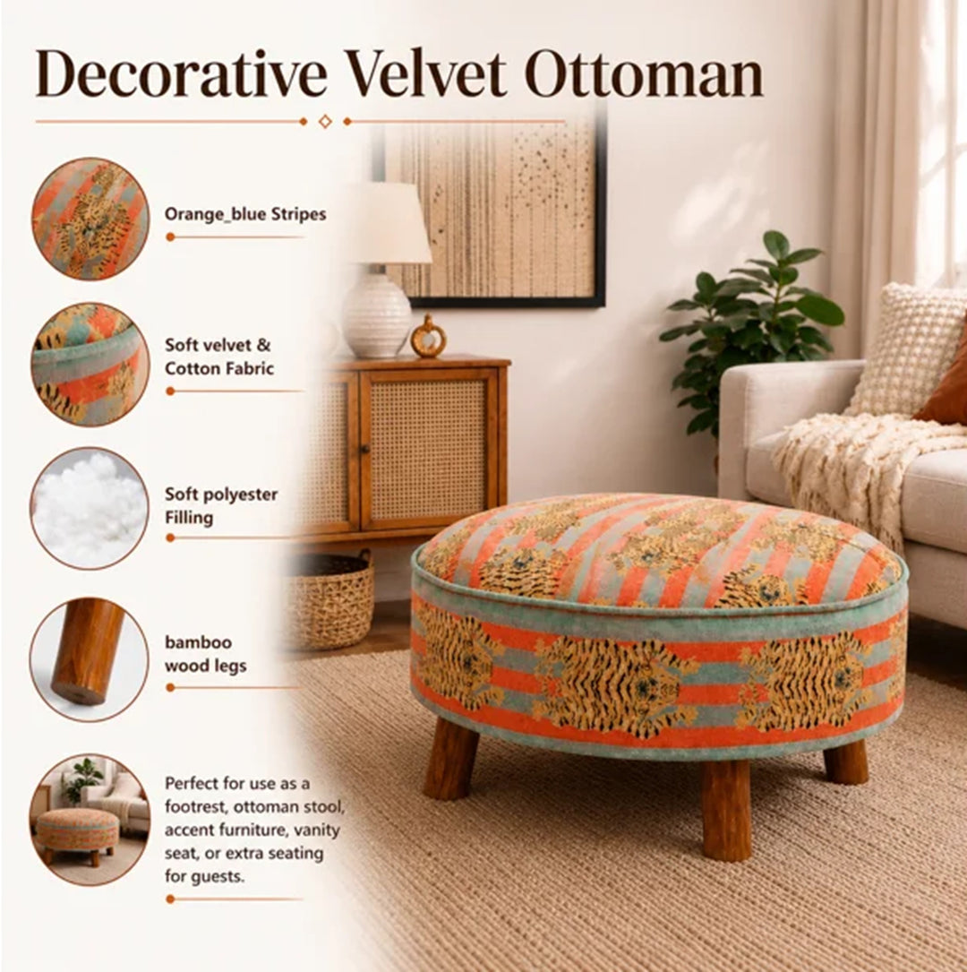 Velvet Safari Ottoman | 24x24x15"| Cotton Fabric