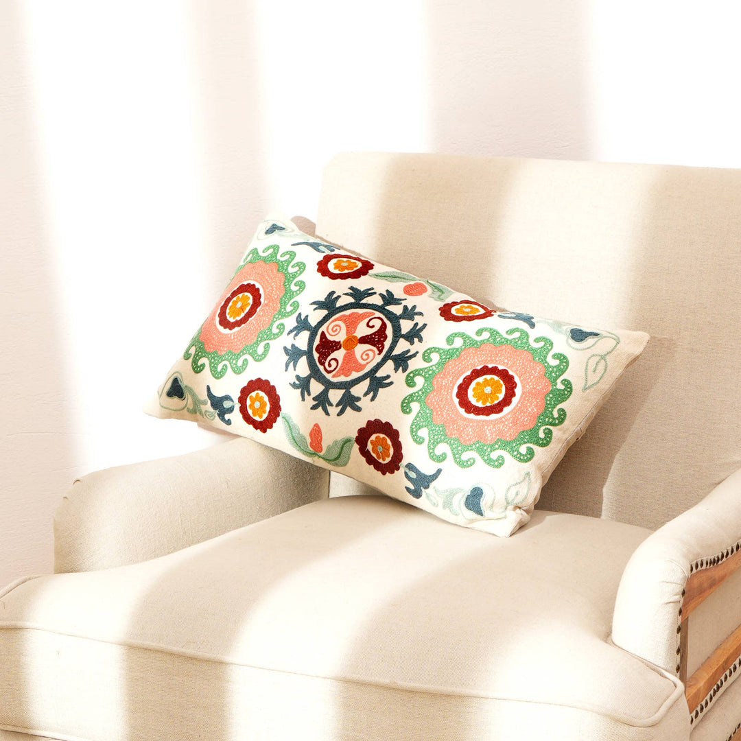 Suzani Embroidered Multicolor Lumbar Throw Pillow - 26" X 14"