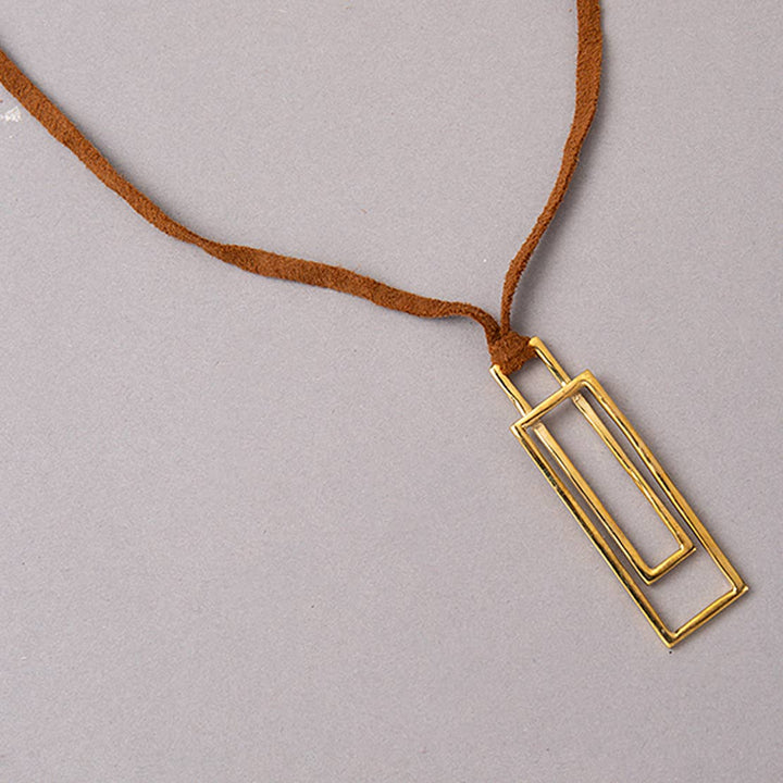 Boxed In Brass Necklace / Gold & Brown - Brass & Leather / L-16.25P(L-2.5W-0.60) Inches / Moq - 4 Pcs