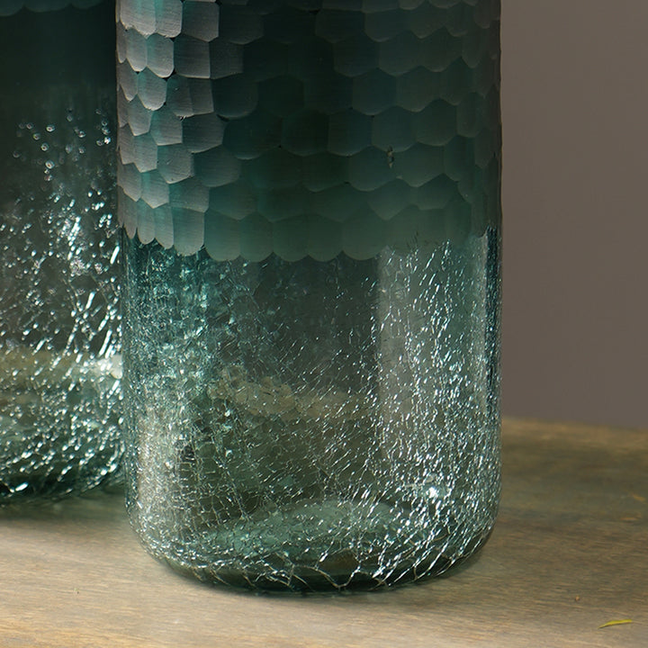 Blue Etched Half Crackle Glass Vase