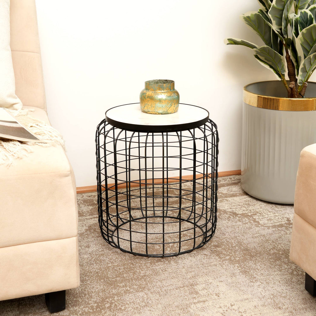 Marble End Table | Round Side Table | Black Metal Frame | Modern Living Room Decor