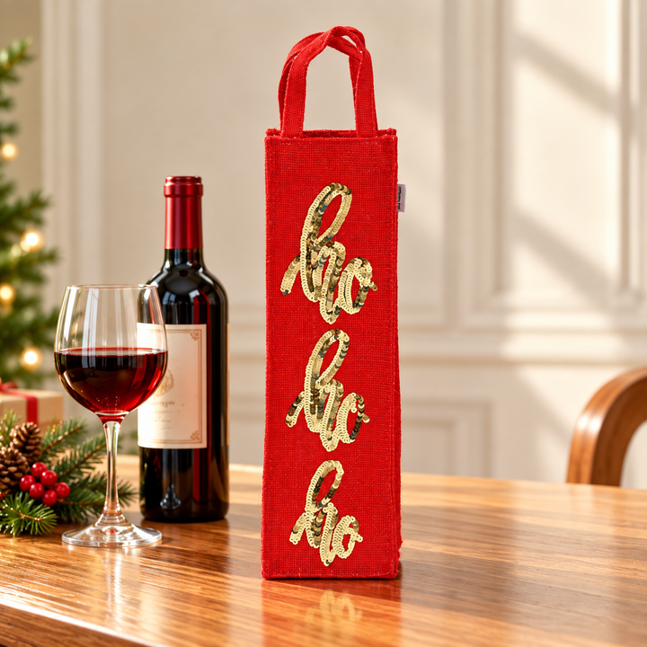 Christmas Gift Bag | Laminated Jute Bag with Sequins Design | Red