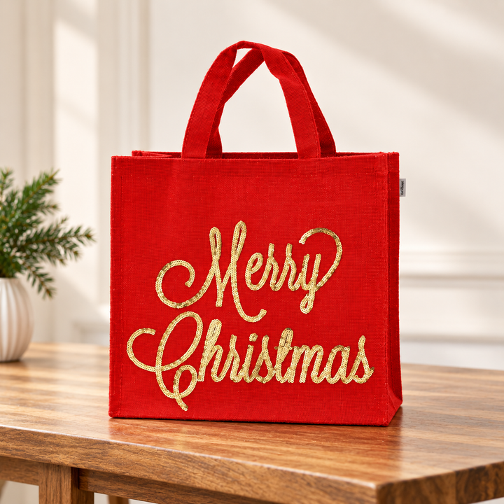 Christmas Gift Bag | Laminated Jute Bag with Sequins Design | Red & Golden