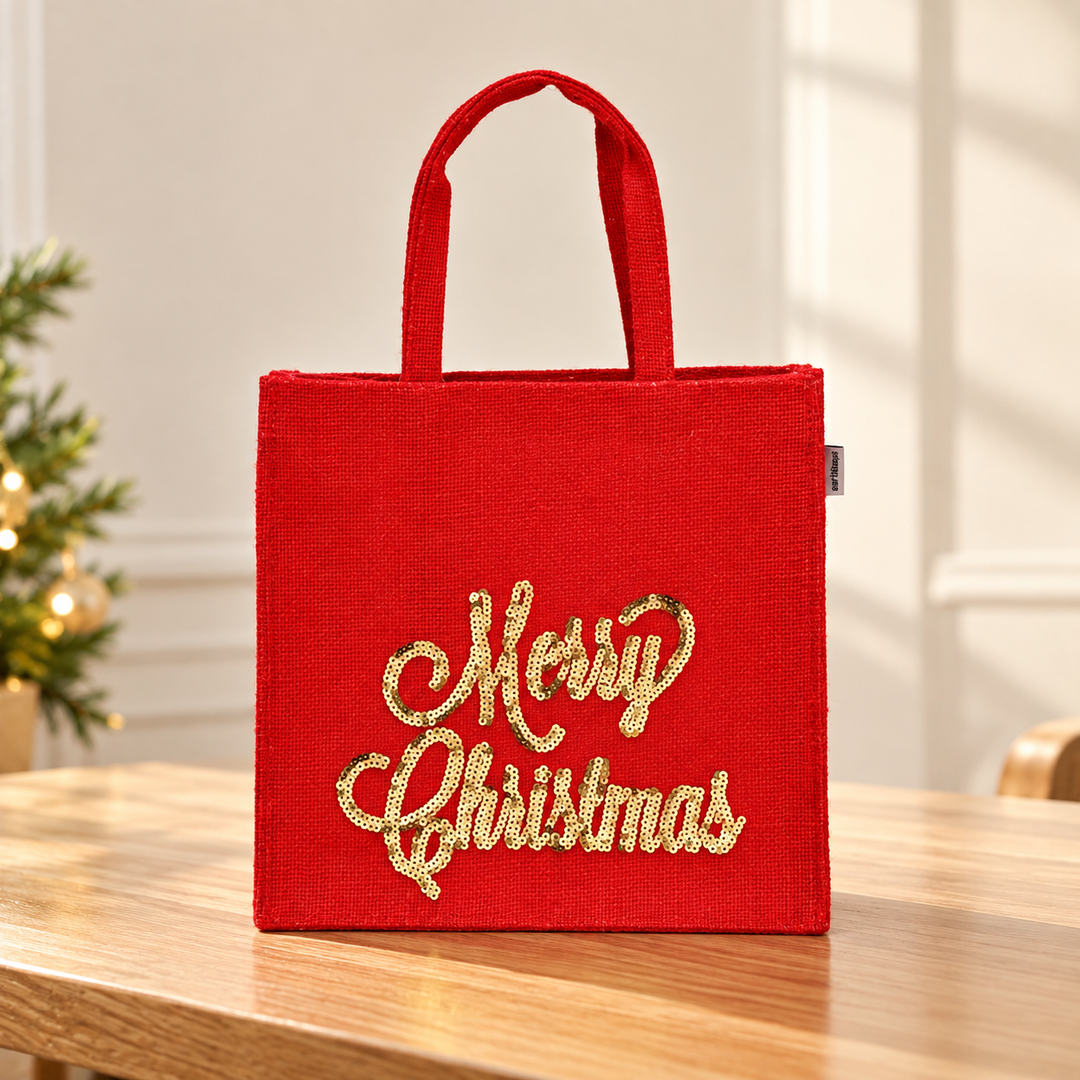 Christmas Gift Bag | Laminated Jute Bag with Sequins Design | Red & Golden
