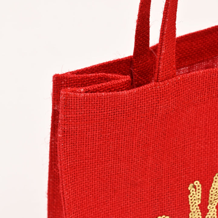 Christmas Gift Bag | Laminated Jute Bag with Sequins Design | Red & Golden