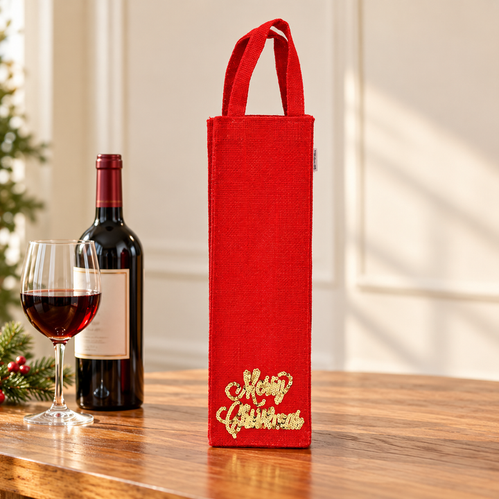 Christmas Gift Bag | Laminated Jute Bag with Sequins Design | Red & Golden