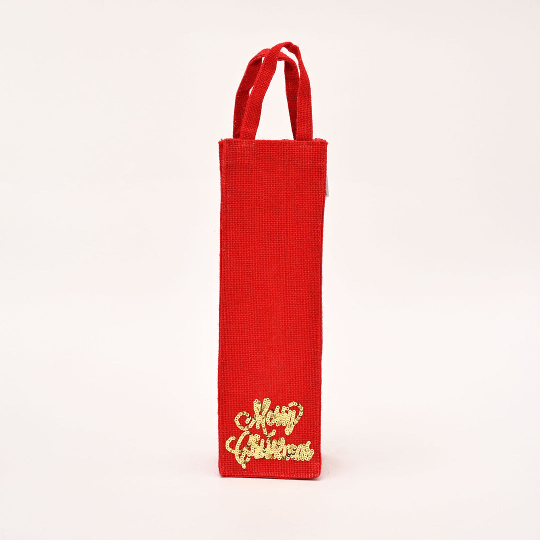 Christmas Gift Bag | Laminated Jute Bag with Sequins Design | Red & Golden
