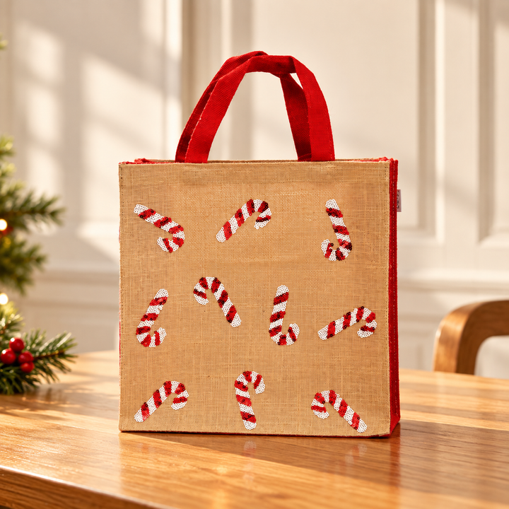 Christmas Gift Bag | Laminated Jute Bag with Sequins Design | Red & Natural