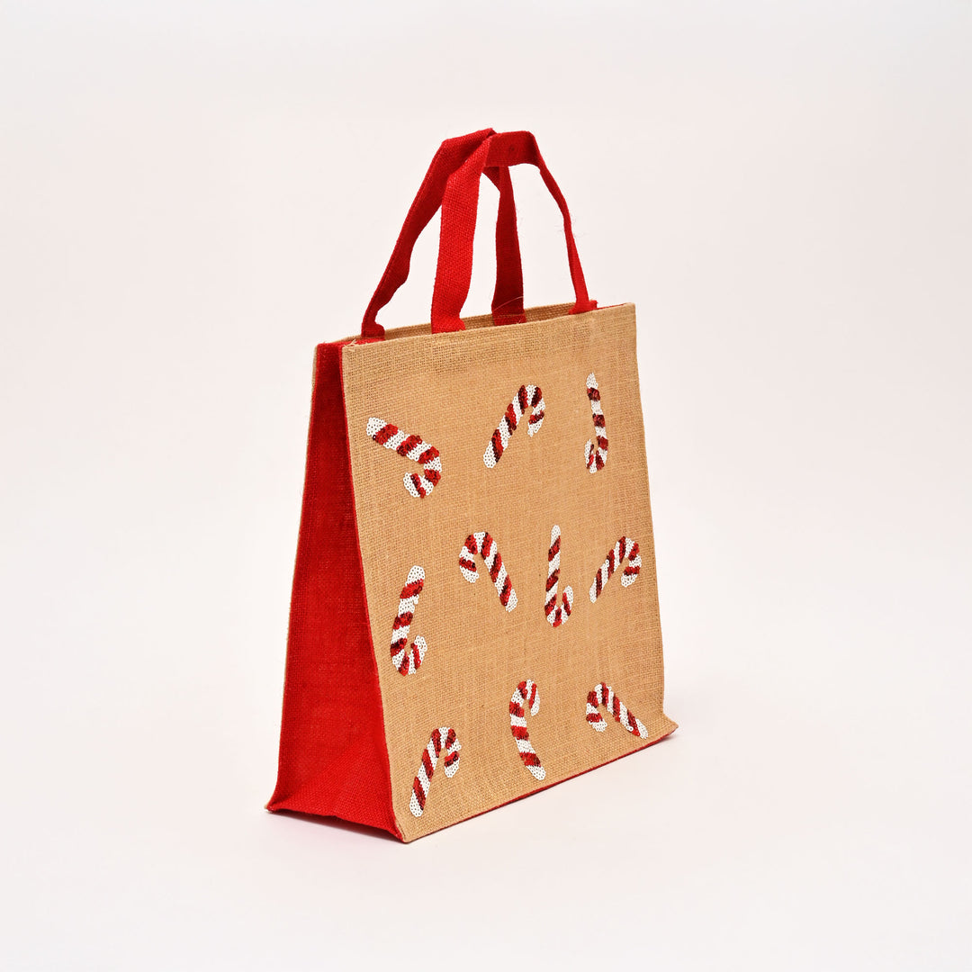 Christmas Gift Bag | Laminated Jute Bag with Sequins Design | Red & Natural