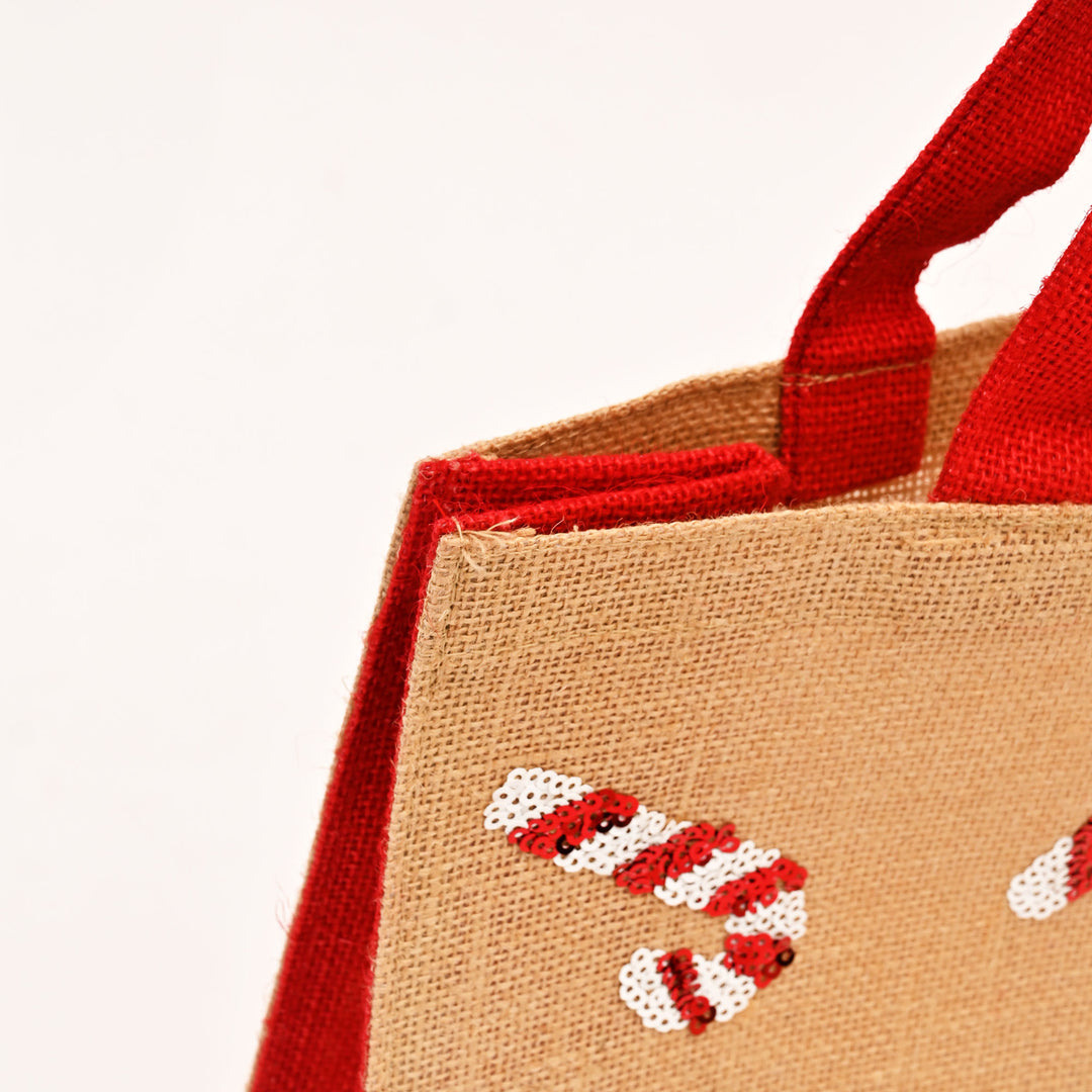 Christmas Gift Bag | Laminated Jute Bag with Sequins Design | Red & Natural