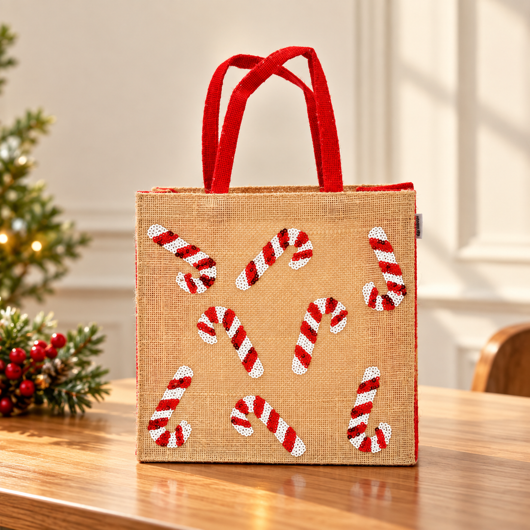 Christmas Gift Bag | Laminated Jute Bag with Sequins Design | Red & Natural