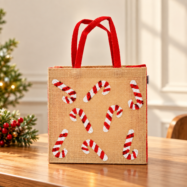 Christmas Gift Bag | Laminated Jute Bag with Sequins Design | Red & Natural