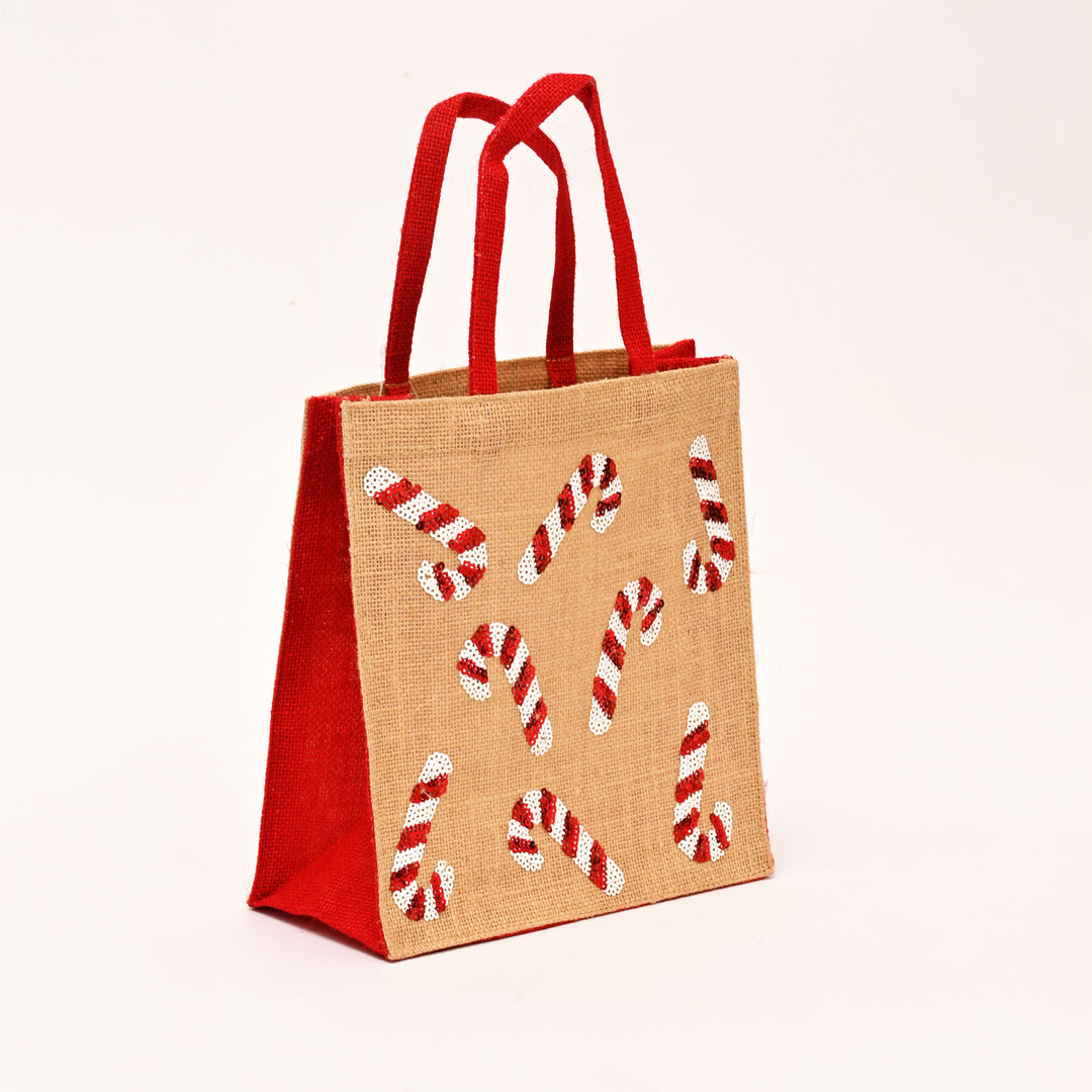 Christmas Gift Bag | Laminated Jute Bag with Sequins Design | Red & Natural