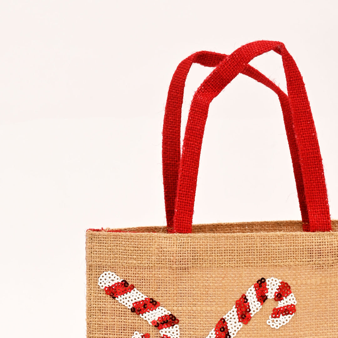 Christmas Gift Bag | Laminated Jute Bag with Sequins Design | Red & Natural
