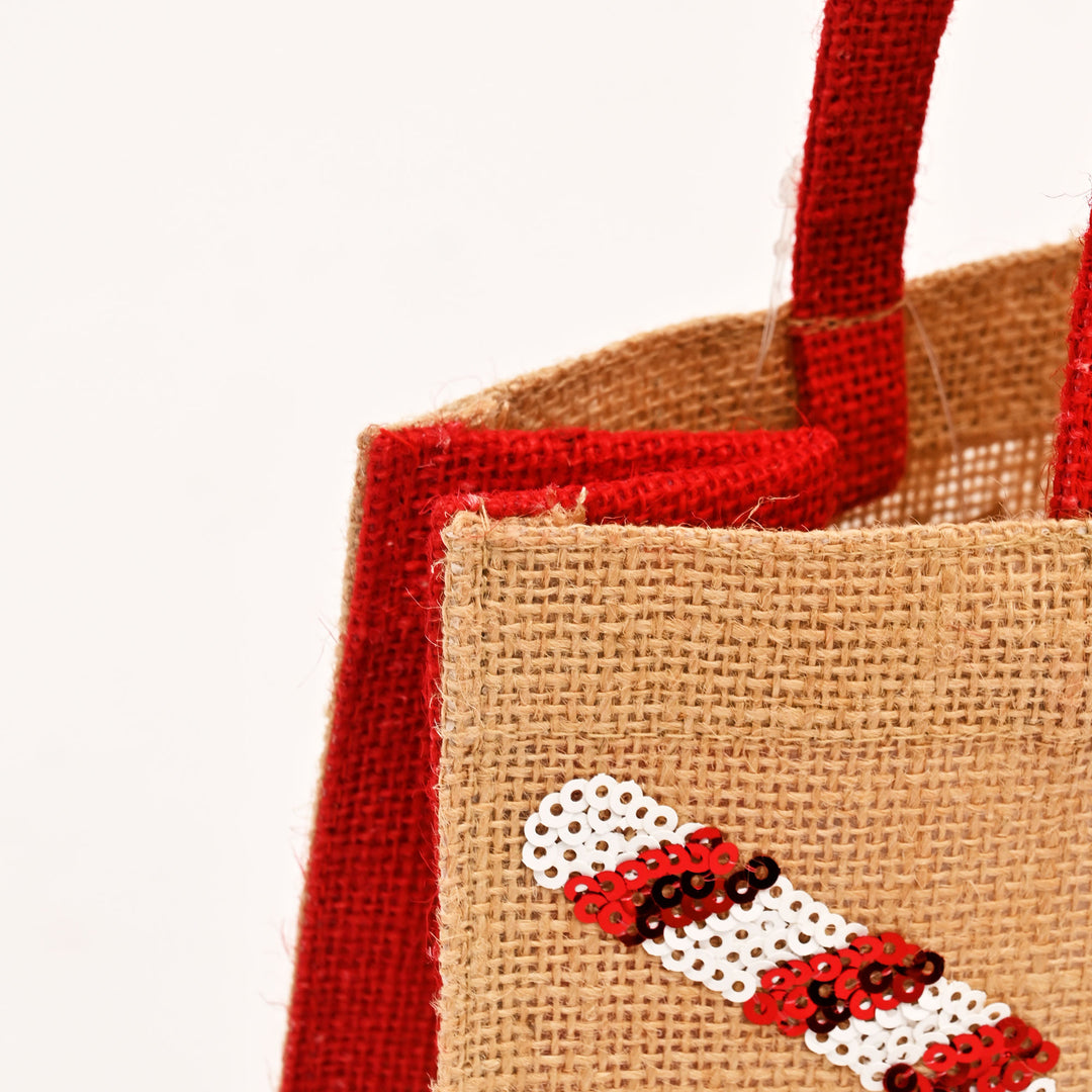 Christmas Gift Bag | Laminated Jute Bag with Sequins Design | Red & Natural