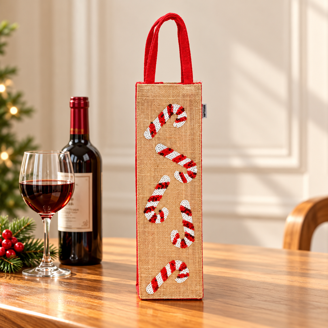 Christmas Gift Bag | Laminated Jute Bag with Sequins Design | Red & Natural