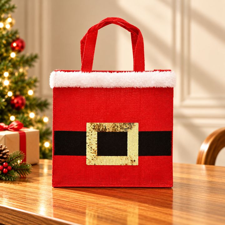 Christmas Jute Bag | Laminated Gift Bag with Sequins Design | Red