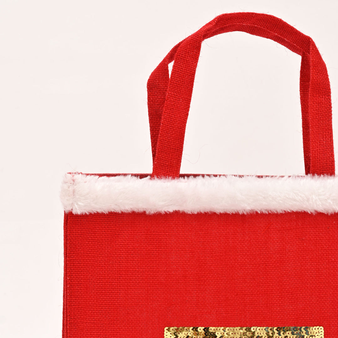 Christmas Jute Bag | Laminated Gift Bag with Sequins Design | Red