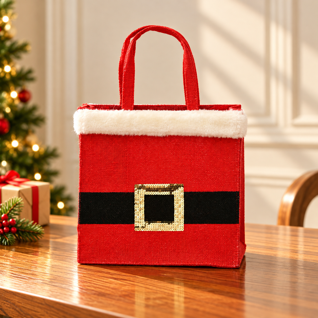 Christmas Jute Bag | Laminated Gift Bag with Sequins Design | Red