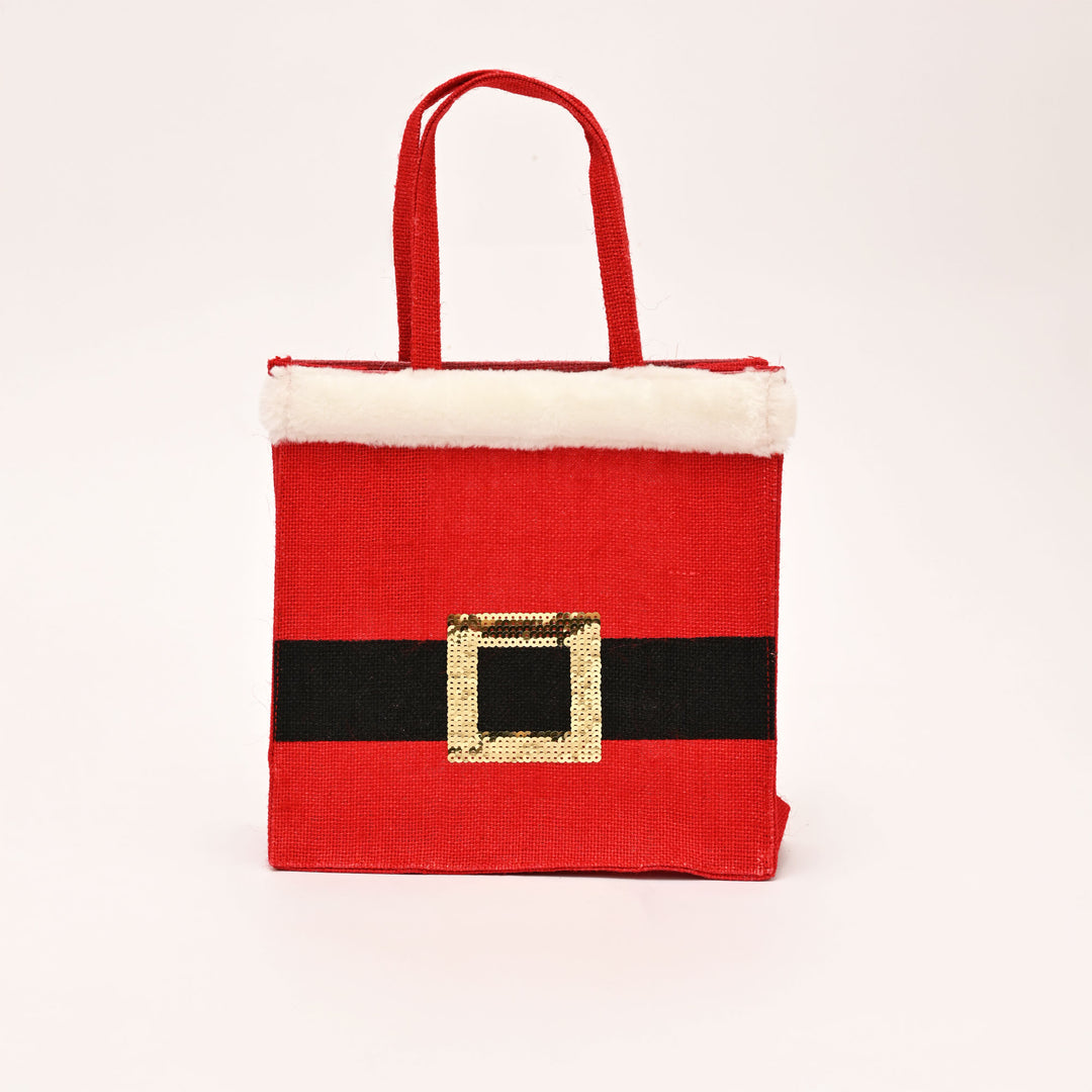 Christmas Jute Bag | Laminated Gift Bag with Sequins Design | Red