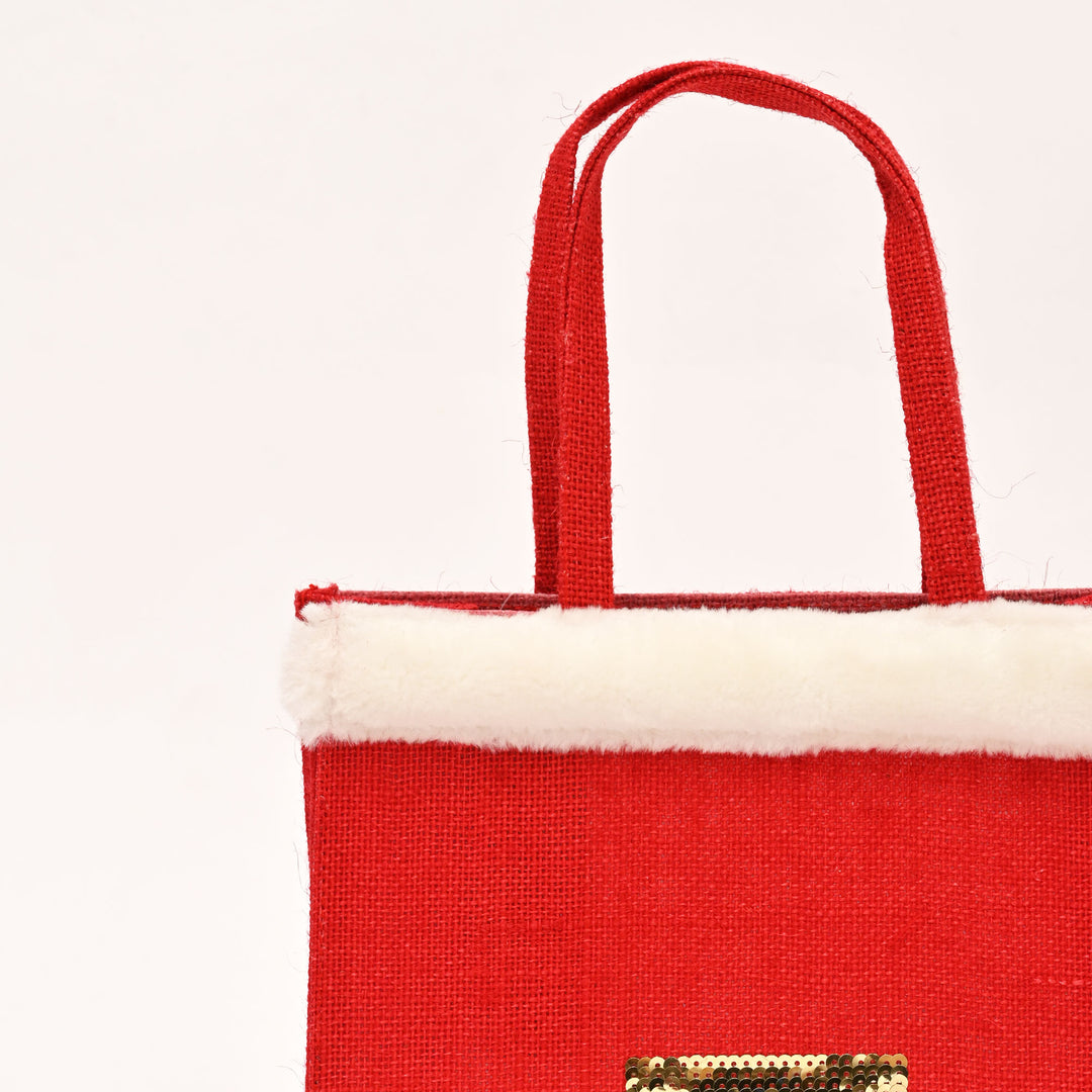 Christmas Jute Bag | Laminated Gift Bag with Sequins Design | Red