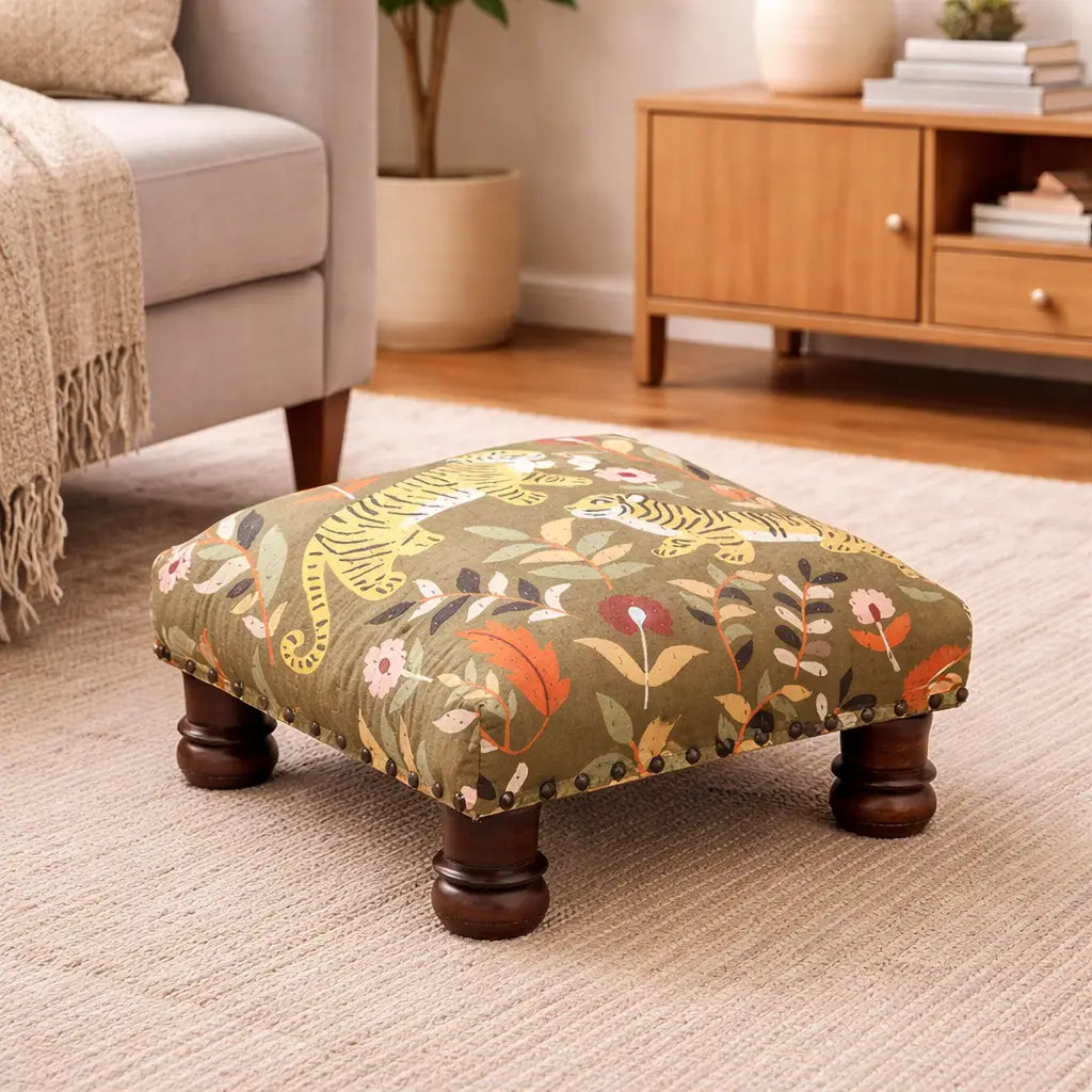 Botanical Tiger Foot Stool | Cotton Fabric | 16x16x9"
